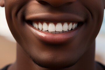 Naklejka premium Brightening Smiles. Close-up of Black Males Impeccable White Teeth at a Cutting-Edge Dental Clinic