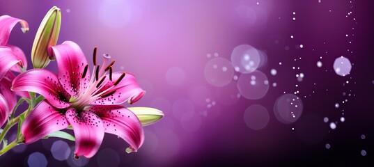 Purple lily in bloom on right with captivating bokeh background and ample text space on left