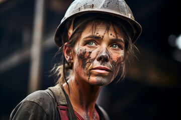 Generative AI portrait of girl miner at the mine in a helmet on dark background