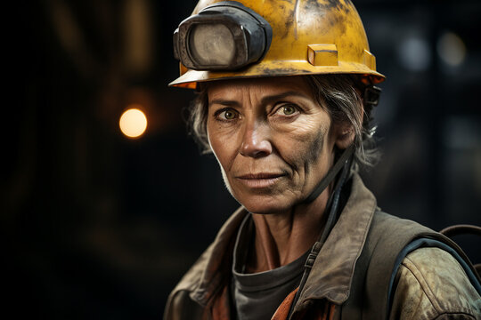 Female miner with dirty face in mine AI generated image