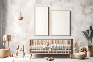 Rectangular frame poster mockup, on the light concrete wall in the living interior of a baby room, with modern boho furniture and with baby cot, Scandinavian style interior decoration