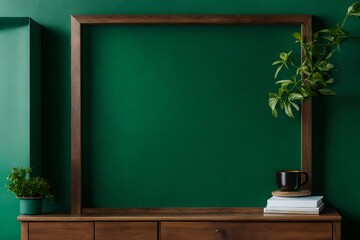 Free photo mockup photo frame green wall mounted on the wooden cabinet