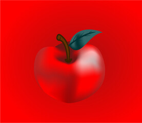 red apple with green stem and leaves, red gradient background.