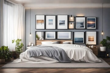 A stylish bedroom wall mockup, showcasing a collection of framed photographs and artwork above the bed, creating a personalized and visually appealing focal point.
