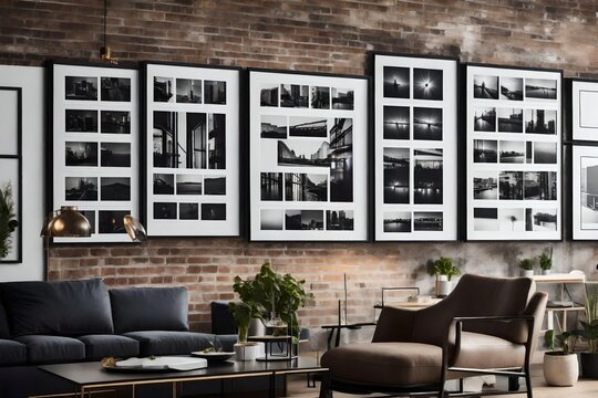 An urban loft wall mockup, featuring an industrial-inspired arrangement of framed black and white photographs, contributing to the edgy and modern aesthetic of the living space.