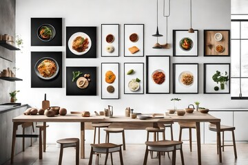 A minimalist kitchen wall mockup with a series of framed culinary-inspired prints, contributing to the culinary atmosphere and adding a touch of creativity to the cooking space.