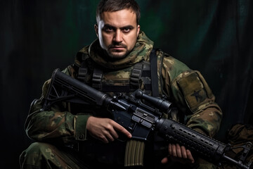 Fototapeta premium Portrait of a young soldier with assault rifle on dark background.