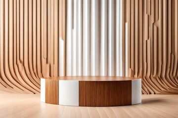 Realistic brown wood and white 3D cylinder pedestal podium with vertical wood pattern background. Abstract minimal scene for mockup products, stage showcase, promotion display. Vector geometric forms.