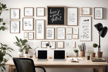 A contemporary wall mockup in a cozy home office, featuring an arrangement of framed motivational quotes and artistic prints, creating an inspiring and productive work environment.