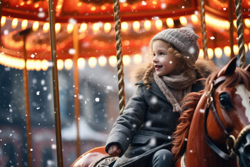 Adorable little girl having fun on a merry-go-round at Christmas time