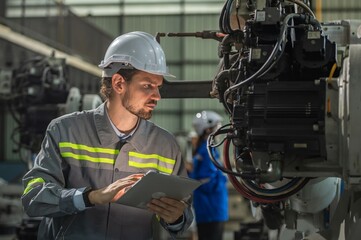male automation engineer in uniform helmet safety inspection check control heavy machine robot arm...