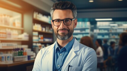 Pharmacist standing close to pharmacy shelves with medicines 
