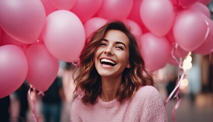 Portrait of a satisfied excited laughing girl among pink helium balloons enjoying happy moment life
