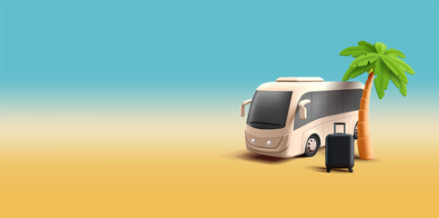 Summer bus tour 3d render illustration with bus, palm and black suitcase, beach tour with friends - obrazy, fototapety, plakaty