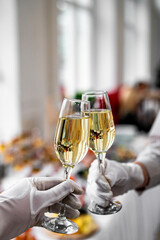 hands clinking champagne glasses for celebration