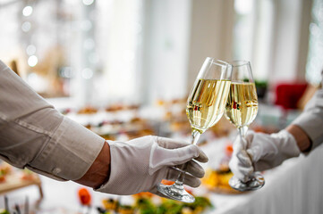 hands clinking champagne glasses for celebration