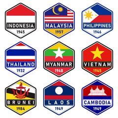 Collection of world countries flag badge logos. Southeast Asian country flags