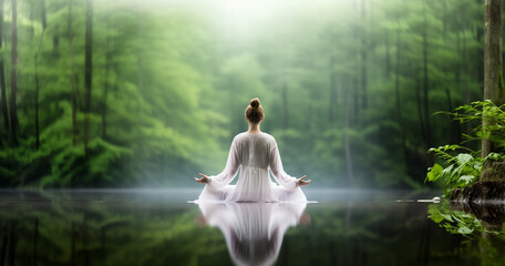 Yong woman floating on forest lake in lotus yoga pose , in mindfulness and meditation concepts - Powered by Adobe