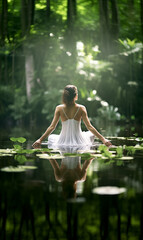 Behind view of young woman in white dress floating on water surface in meditation and wellbeing  concept