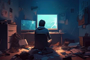 Fotobehang Video game addiction Back view man sitting floor trash mess room, playing video games online © akkash jpg