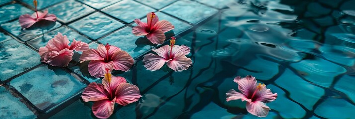 Hibiscus flowers floating in the swimming pool with tiles, close up pattern minimalist, top view, exotic getaway