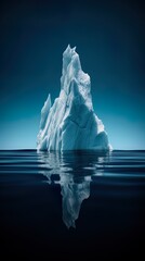 a white iceberg floating in the blue ocean.