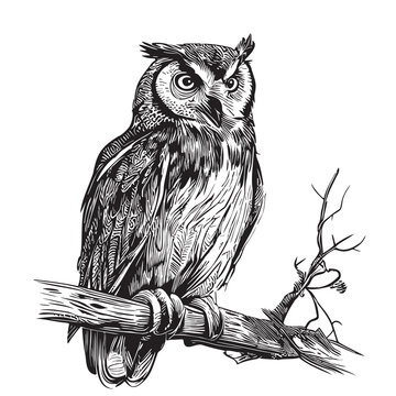 Owl bird on a branch sketch hand drawn in doodle style illustration