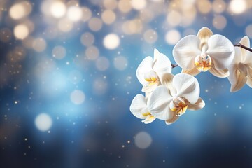 Elegant white orchid on magical bokeh background with ample text space for captivating copy.