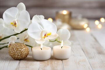 Fototapeta na wymiar Gorgeous white orchid with captivating bokeh background and ample copy space on the left side