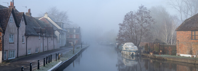 West Mills and the Kennet and Avon Canal on a Misty Morning in Newbury, England