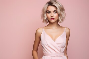 A beautiful and stylish young female model in a chic cocktail dress, against a solid light pink background.