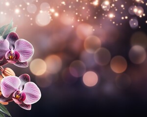Beautiful pink orchid with enchanting bokeh background and ample text space on the left side