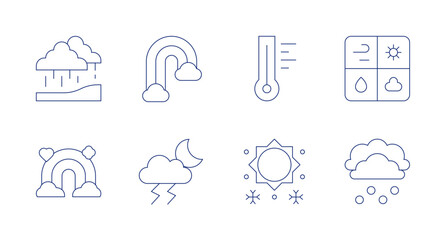 Weather forecast icons. Editable stroke. Containing monsoon, rainbow, thunderstorm, thermometer, snow, weather news.