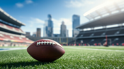 American football ball on green field grass in stadium, closeup