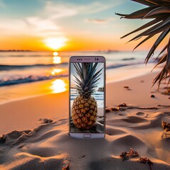 Image Tropical Pineapple on the Beach, Generative ai.
