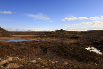 Mývatn is a shallow lake located in an area of active volcanism in northern Iceland, near the Krafla volcano