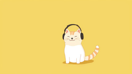 Illustration of tabby cat in headphones on yellow background with copy space