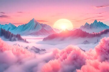 Sunrise over mountainous clouds, a surreal dreamscape where peaks emerge like islands in a sea of...
