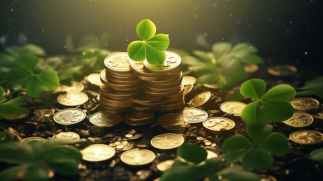 Golden coins among shamrock leaves clovers. Saint Patricks day