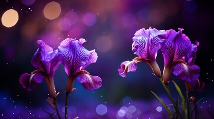 Purple iris flower on isolated magical bokeh background with copy space for text placement