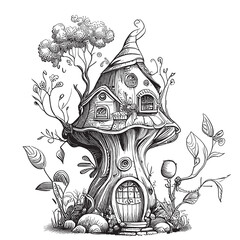 Mythical fairy tale house in the forest hand drawn sketch illustration - obrazy, fototapety, plakaty