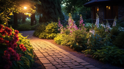 Solar-powered outdoor lighting illuminating a garden pathway, lush garden with flowers and plants. Solar-powered lighting. Integration of solar technology. - Powered by Adobe