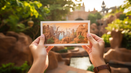 Close up hands unrecognizable traveler tourist  holding postcard photo image picture photography - obrazy, fototapety, plakaty