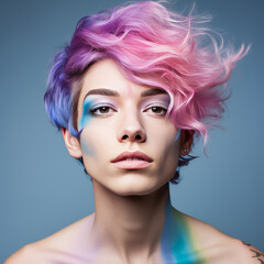 Naklejka premium Attractive girl and rainbow colors on her face. LGBT social issues concept