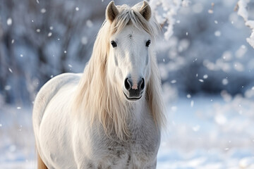 white horse against a snowy forest backdrop, capturing the idyllic calm of winter nature.