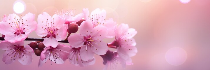 Captivating pink cherry blossom on right side with magical bokeh background and left side copy space
