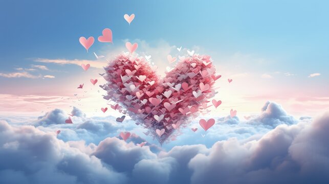 valentine day greeting card with hearts in the air, in the sky blue and pink background copy space