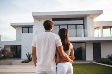 Young couple admiring their new house after having invested their savings. Buying a house concept	
 - obrazy, fototapety, plakaty