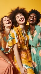 A group of smiling young models wearing colorful bohemian-inspired outfits, posing playfully against a solid light green background.