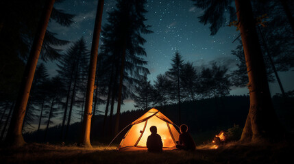 Deux silhouettes d'enfants se détachent dans la forêt près de leur tente illuminée, nuit sous la tente, camping sauvage de deux garçons - obrazy, fototapety, plakaty